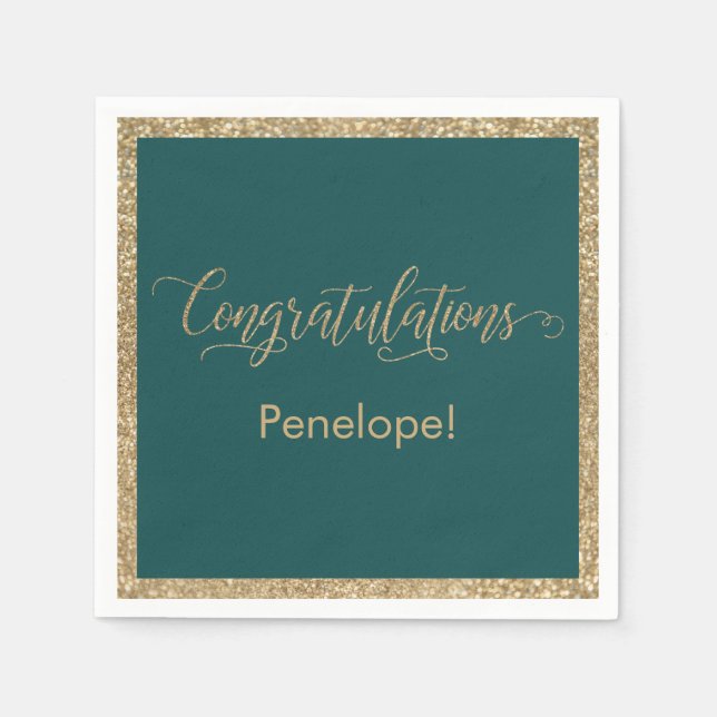 Congratulations Typography Gold Glitter Teal Napkins (Front)