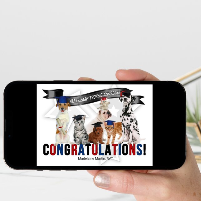 Congratulations Vet Tech Graduate Cats and Dogs Card (Front Digital)