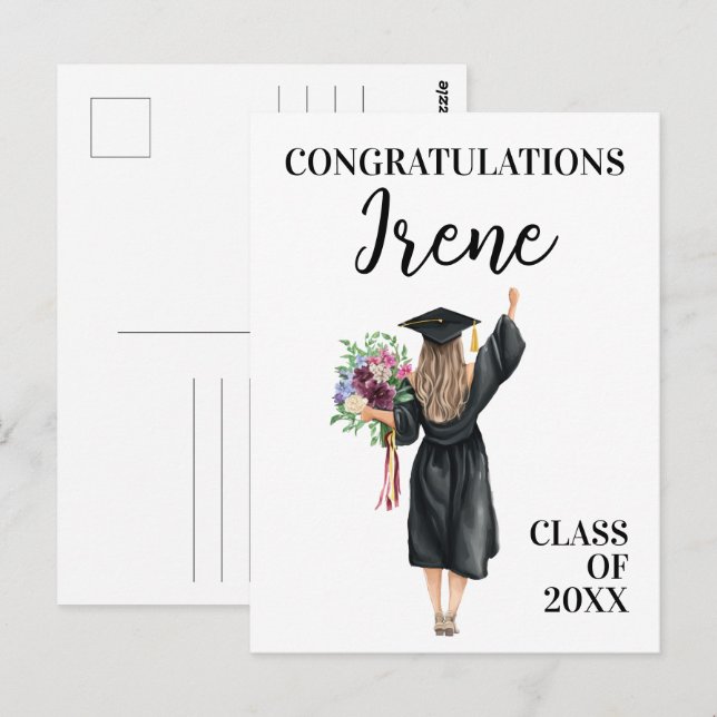 Congratulations Watercolor Graduate Girl Flowers  Postcard (Front/Back)