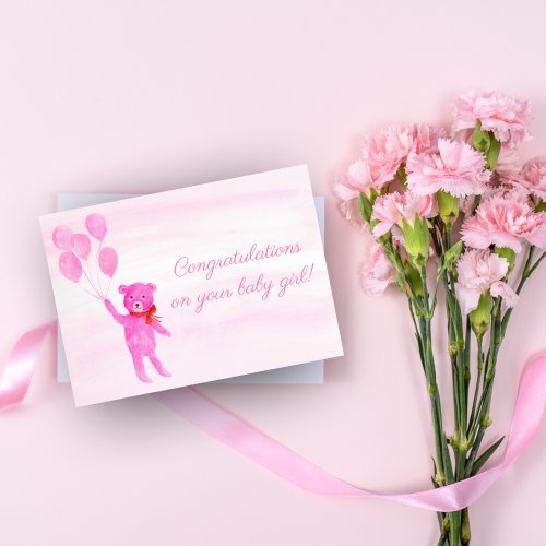 Congratulations Watercolor Pink Teddy Bear Girl Card