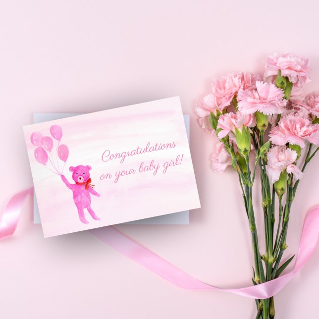 Congratulations Watercolor Pink Teddy Bear Girl Card (Creator Uploaded)