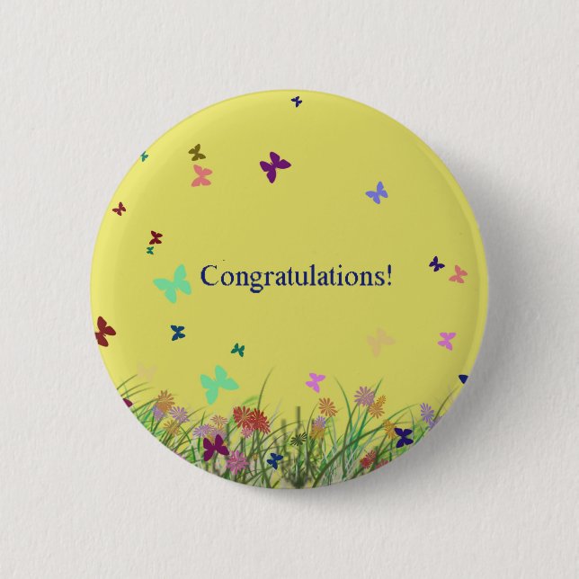 Congratulations  yellow butterfly background pinback button (Front)