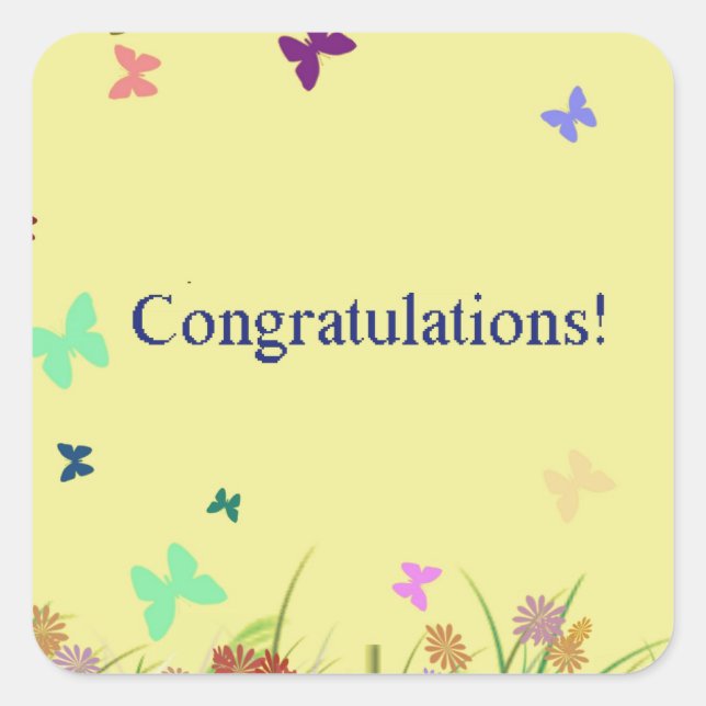 Congratulations  yellow butterfly background square sticker (Front)