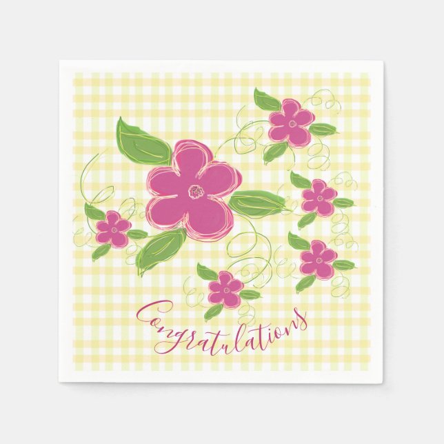 Congratulations Yellow Plaid Pink Floral Napkins (Front)