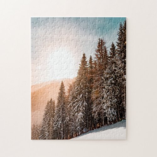 Conifer Fir Pine Trees Snowy Forest Sunrise Nature Jigsaw Puzzle