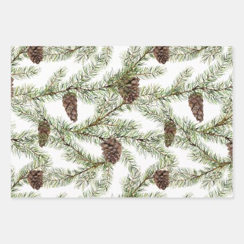 Conifer fir twigs and cones wrapping paper sheets