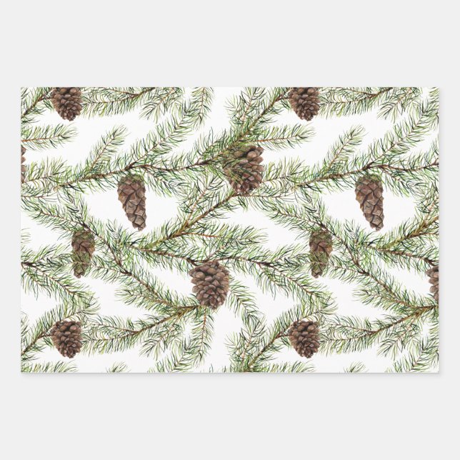 Conifer, fir twigs and cones wrapping paper sheets (Front)