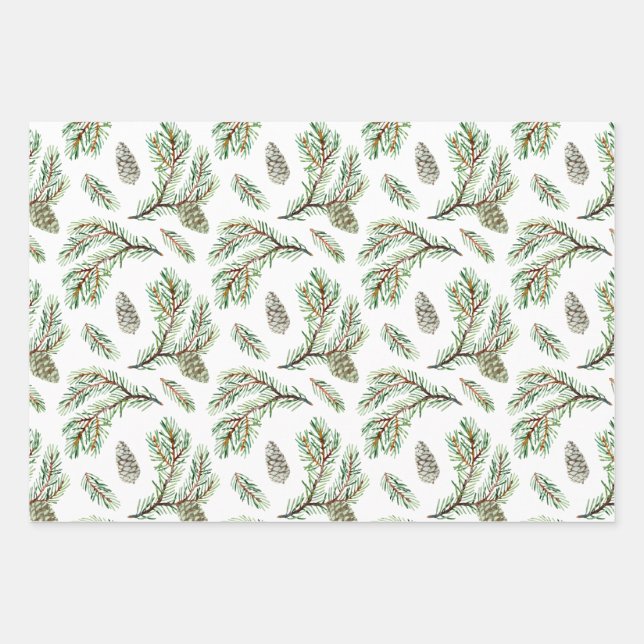 Conifer, pine twigs and cones wrapping paper sheets (Front)