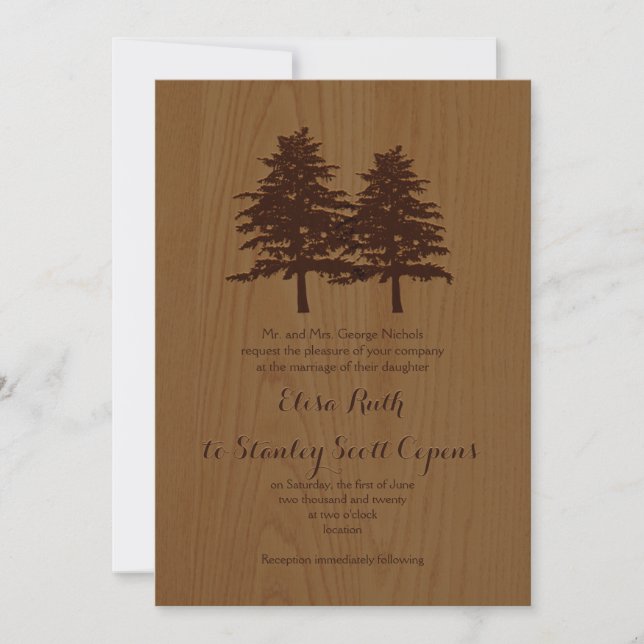 Conifer trees on wood brown woodland wedding invitation (Front)
