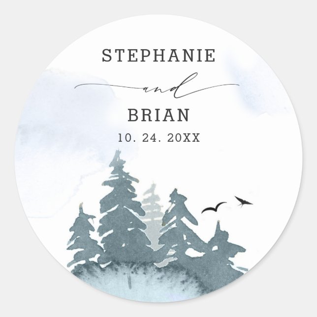 Coniferous Trees Blue Wedding Round Sticker (Front)