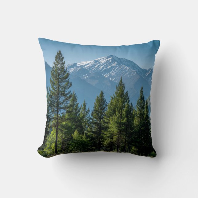 Coniferous Trees with Mountain Background Throw Pillow (Front)