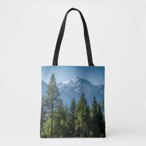 Coniferous Trees with Mountain Background Tote Bag