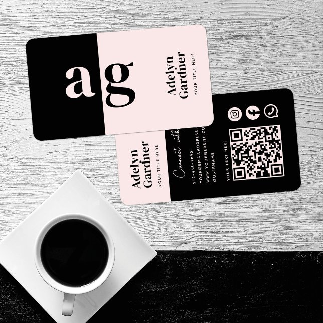 Connect Black Pink Monogram QR Code Social Media Business Card (Creator Uploaded)