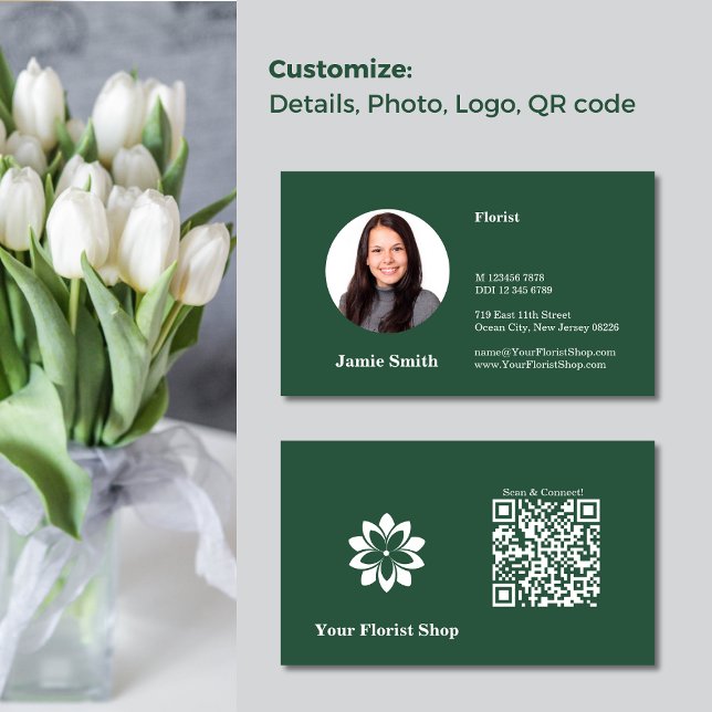 Connect, Florist Green & White Photo Business Card (Connect, Florist Green & White Photo Business Card, Logo Template, QR code)
