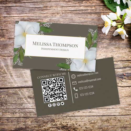 Connect With Me  QR Code Floral Foliage Magnolia Business Card