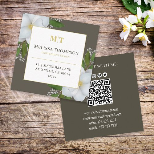Connect With Me  QR Code Floral Foliage Magnolia Square Business Card