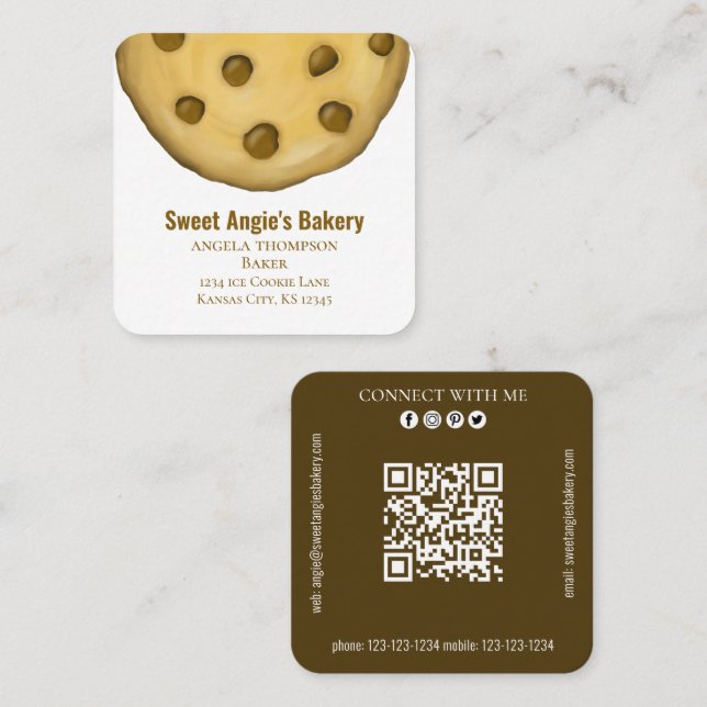Connect With Me | QR Code Simple Bakery Cookie  Square Business Card (Front/Back)