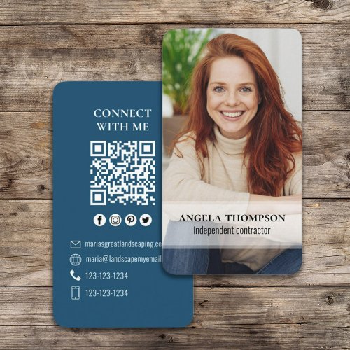 Connect With Me  QR Code Simple Modern Photo Blue Business Card