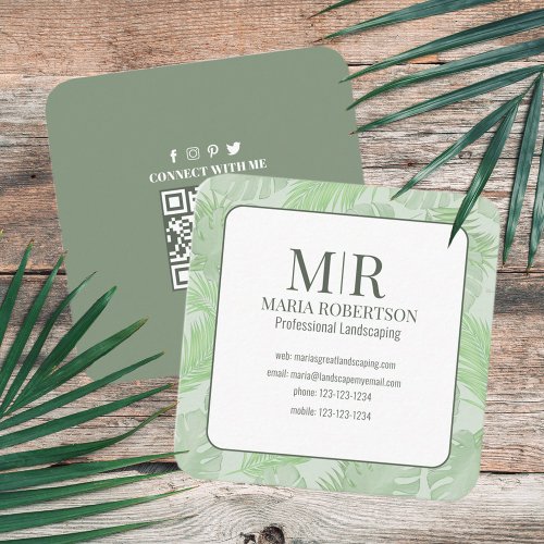 Connect with Me  QR Code Social Media Palm Leaves Square Business Card