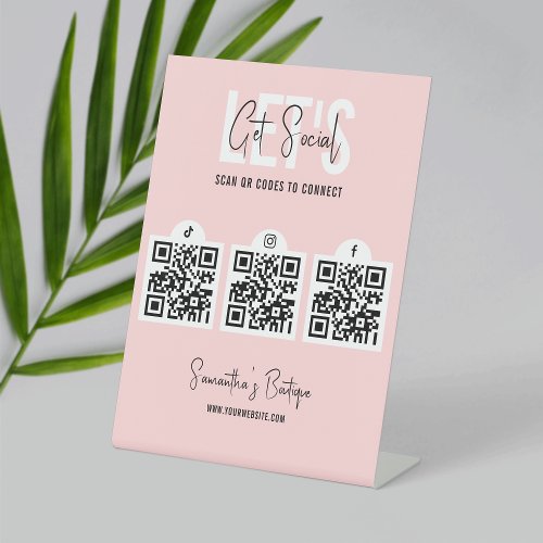 Connect With Us 3 QR Codes Social Media Blush Pink Pedestal Sign
