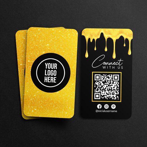 Connect With Us Black Gold Glitter Drips QR Code Business Card