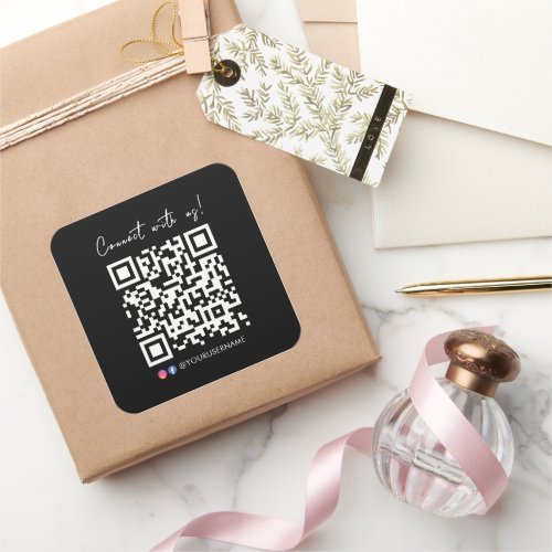 Connect With Us Facebook Instagram QR Code Black Square Sticker