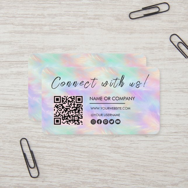 Connect with us Logo Qr Code Iridescent Opal Chic Business Card (Front/Back In Situ)