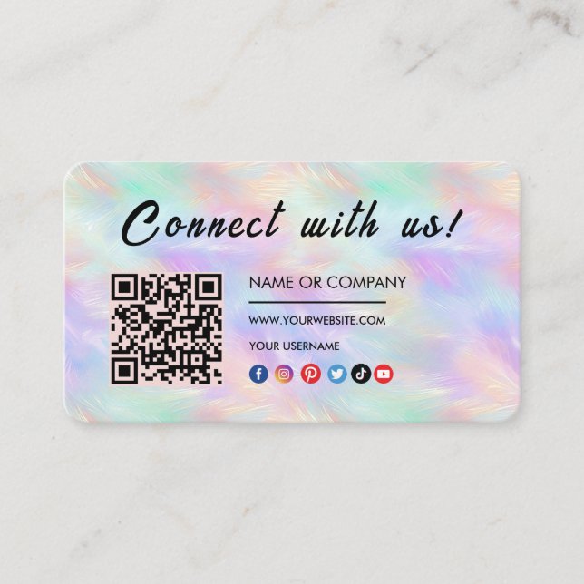 Connect with us Logo Qr Code Iridescent Stylish Business Card (Front)