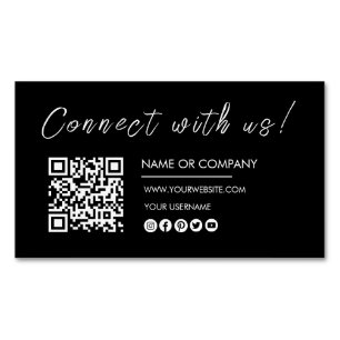 Connect with us Logo Qr Code Minimalist Black Business Card Magnet