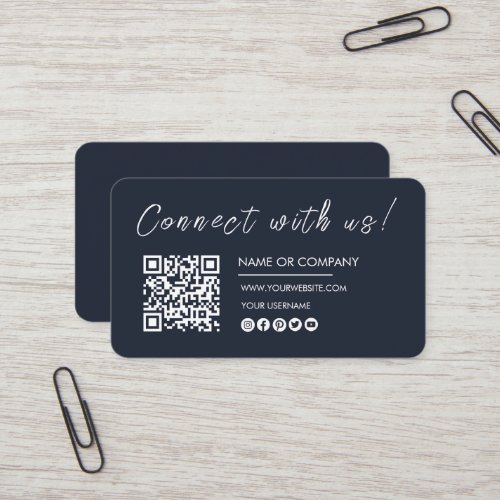 Connect with us Logo Qr Code Minimalist Navy Blue Business Card