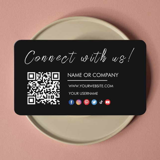 Connect with us Logo Qr Code Social Media Black Business Card (Creator Uploaded)