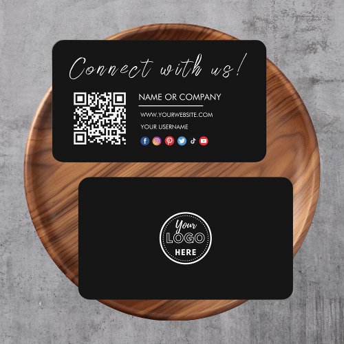 Connect with us Logo Qr Code Social Media Black Business Card