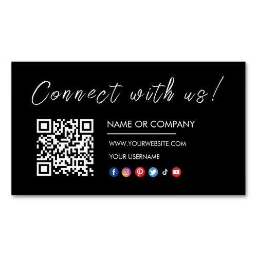 Connect with us Logo Qr Code Social Media Black Business Card Magnet