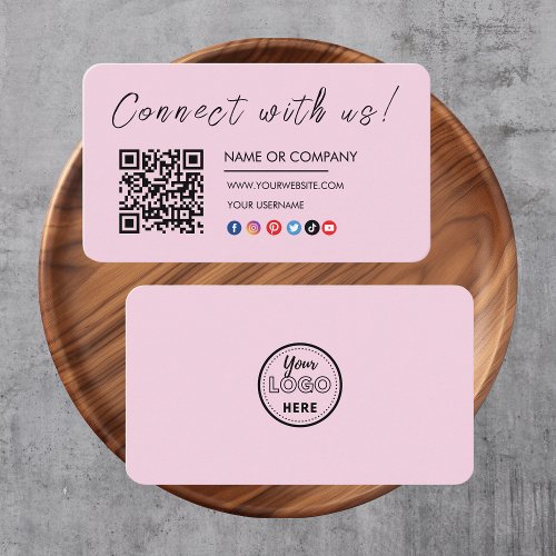 Connect with us Logo Qr Code Social Media Pink Business Card