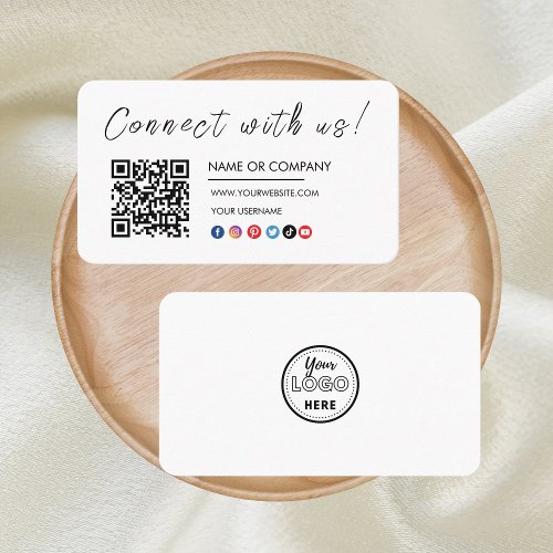 Connect with us Logo Qr Code Social Media White Business Card