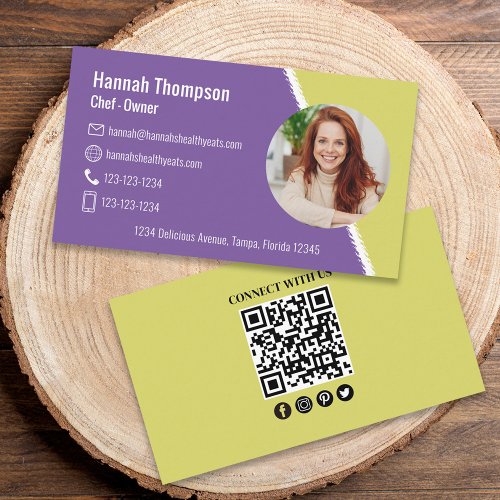 Connect With Us  Modern Photo QR Code Purple Lime Business Card