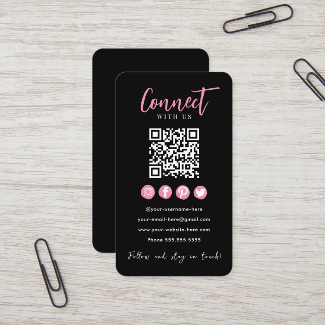 Connect With Us Pink Social Media Black QR Code Business Card (Front/Back In Situ)