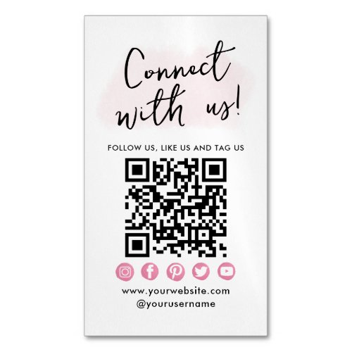 Connect With Us Pink Social Media QR Code Modern Business Card Magnet