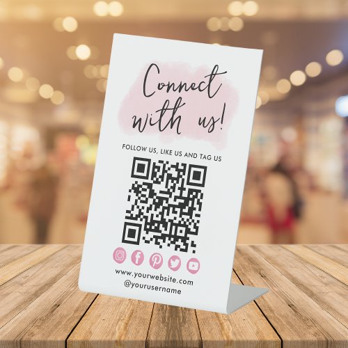 Connect With Us Pink Social Media QR Code Modern Pedestal Sign