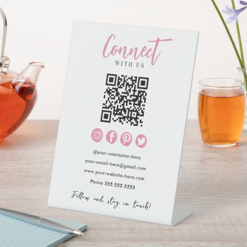 Connect With Us Pink Social Media White QR Code Pedestal Sign