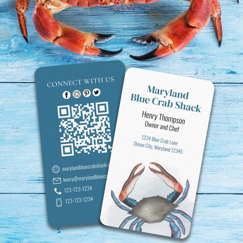 Connect With Us  QR Code Blue Crab Coastal Sea Business Card