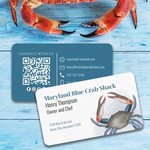 Connect With Us  QR Code Blue Crab Coastal Sea  Business Card