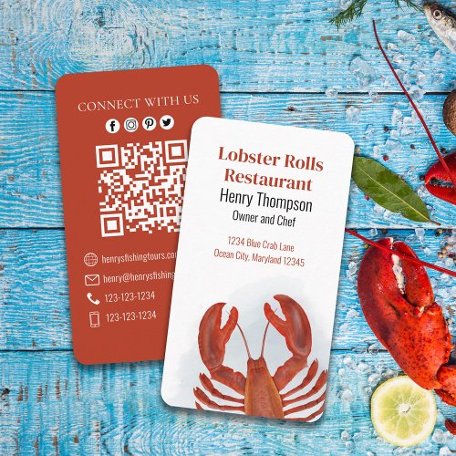 Connect With Us  QR Code Lobster Coastal Sea Business Card