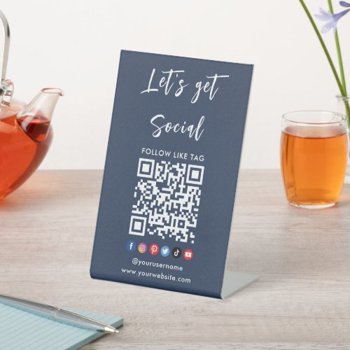 Connect With Us Qr Code Professional Navy Blue Pedestal Sign