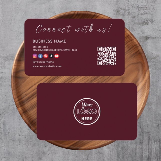 Connect with us Qr Code Social Media Burgundy Business Card (Creator Uploaded)