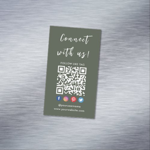 Connect With Us Qr Code Social Media Dark Green Business Card Magnet