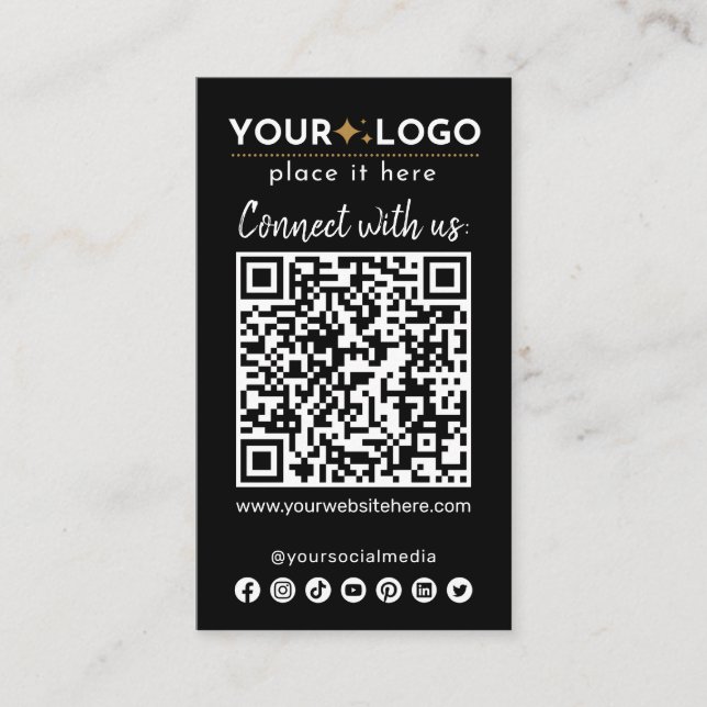 Connect With Us QR Code Social Media Modern Black Business Card (Front)