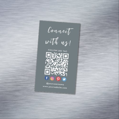 Connect With Us Qr Code Social Media Modern Grey Business Card Magnet