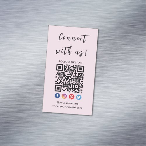 Connect With Us Qr Code Social Media Modern Pink Business Card Magnet