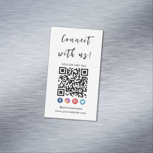 Connect With Us Qr Code Social Media Modern White Business Card Magnet